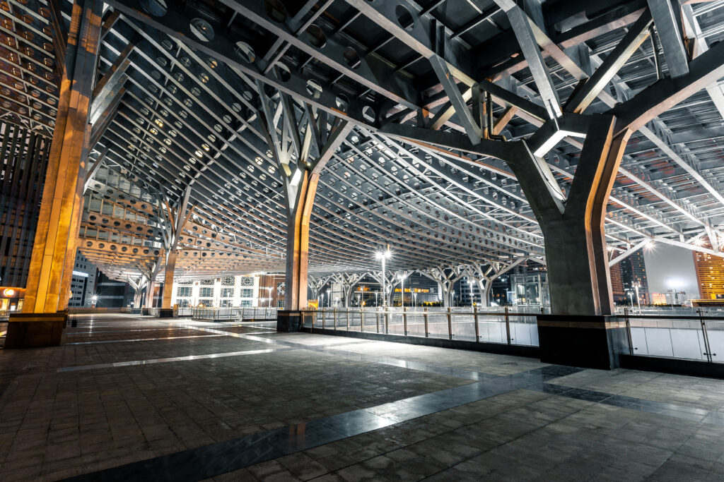 Metal architectural elements showcasing modern design and structural elegance.