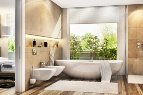 Luxurious bathroom featuring high-end finishes, spa-like amenities, and elegant design