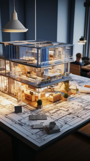 Diagram showing interior and exterior design elements like layout, furniture, lighting, and landscaping.