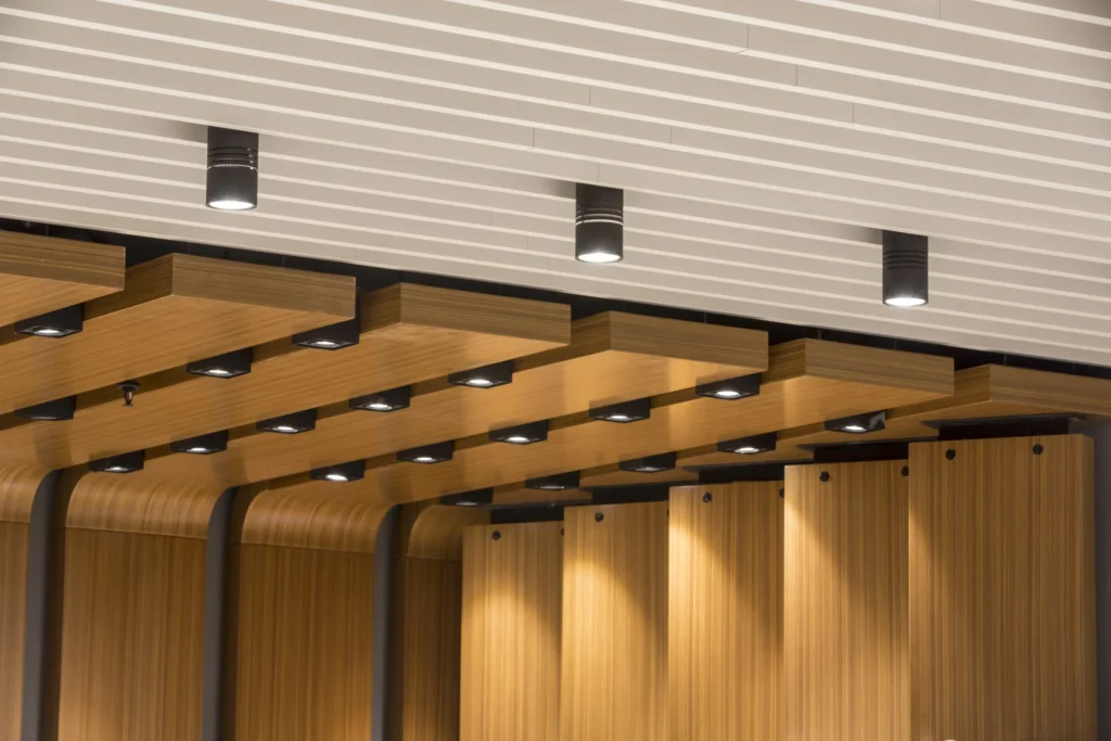 Wooden ceiling design showcasing natural texture and warm, rustic appeal