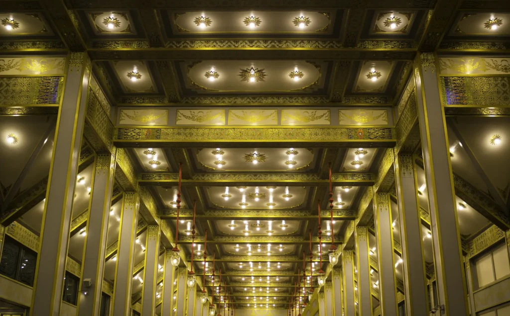 Ceiling with custom lighting design enhancing ambiance and visual appeal.